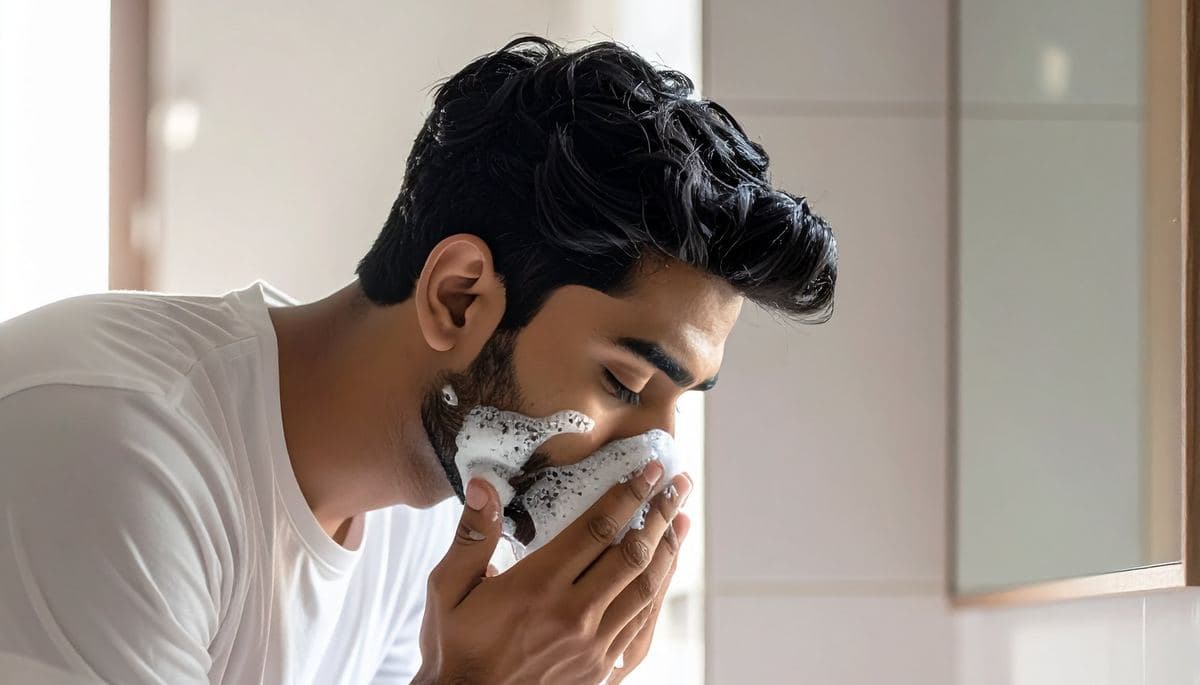 Young Indian man washing his face
